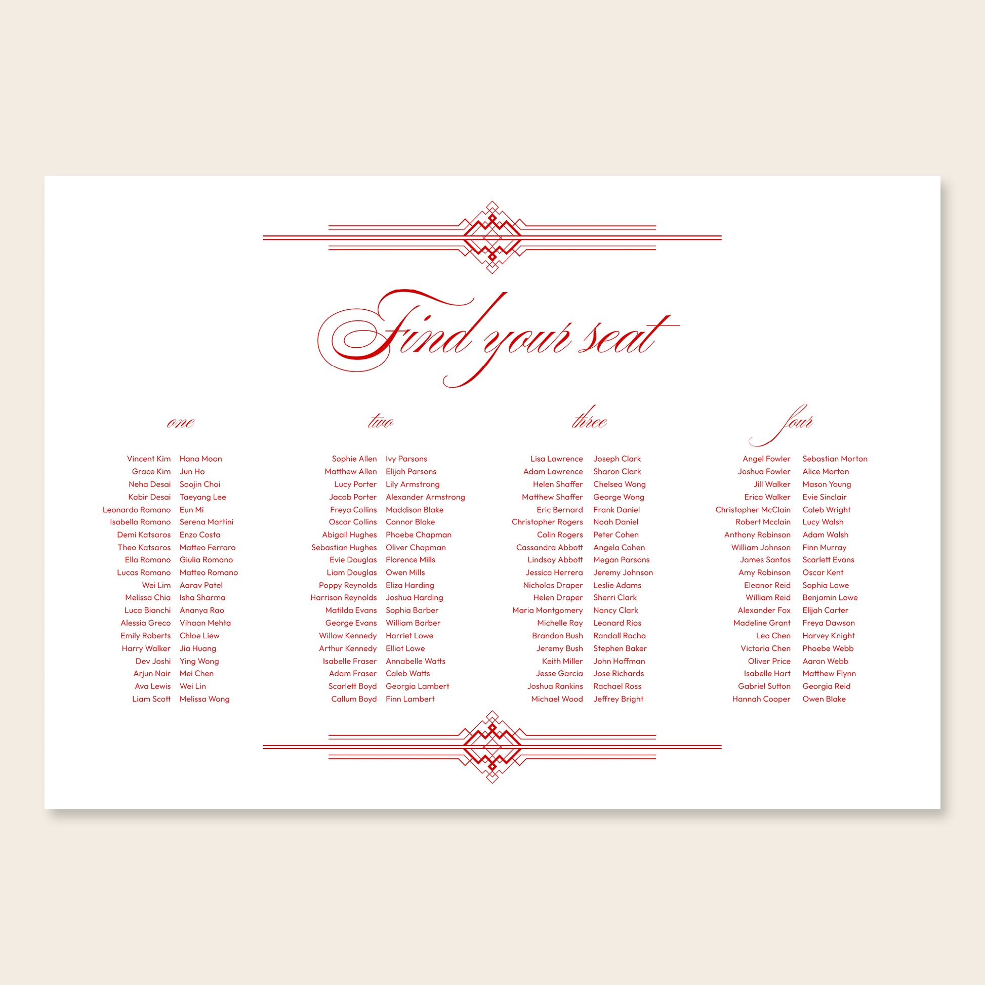 Horizontal wedding seating chart sign template design on a beige background.