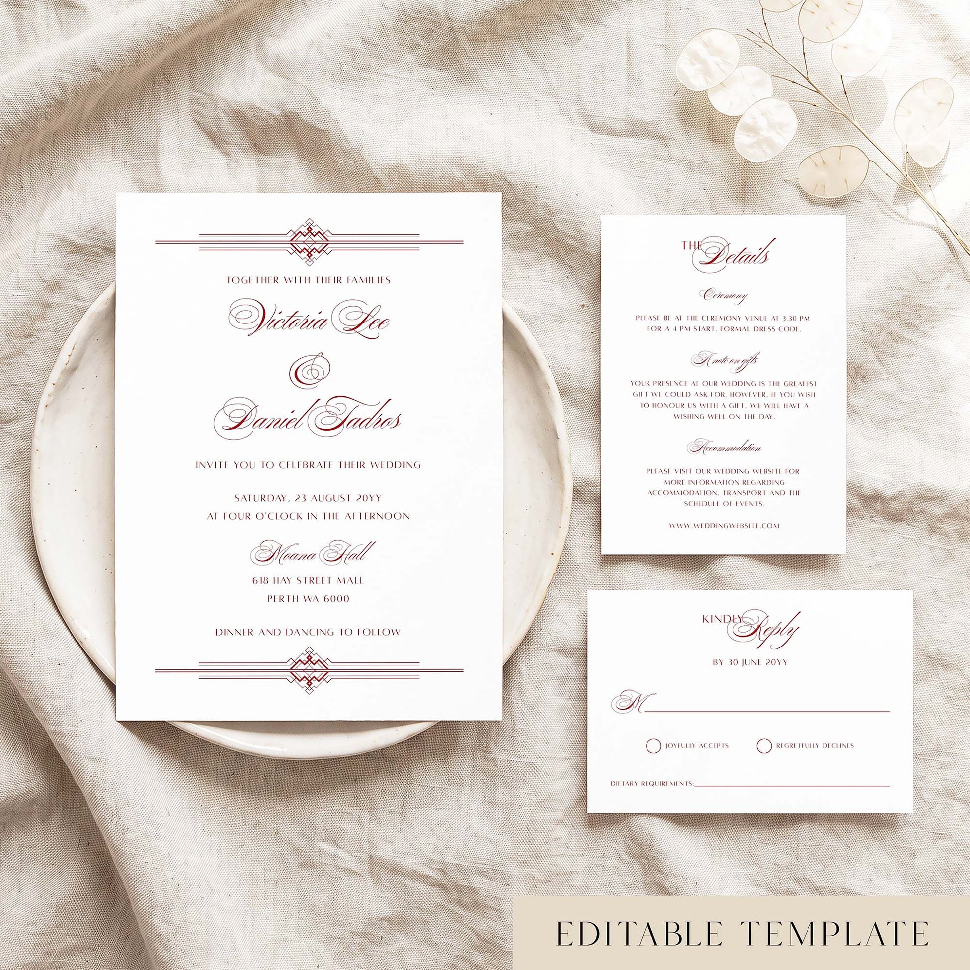 Editable art deco wedding invitation template in red, invitation with details and RSVP cards on a ceramic plate flat lay