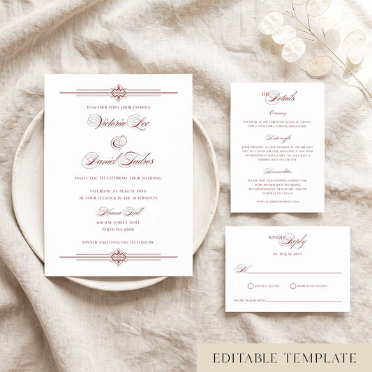 Editable art deco wedding invitation template in red, invitation with details and RSVP cards on a ceramic plate flat lay
