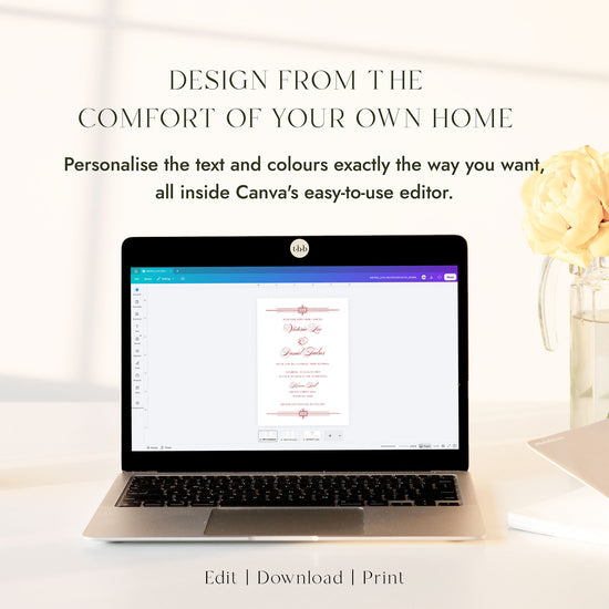 Customisable art deco wedding invitation suite shown open in Canva across all three pages on a laptop