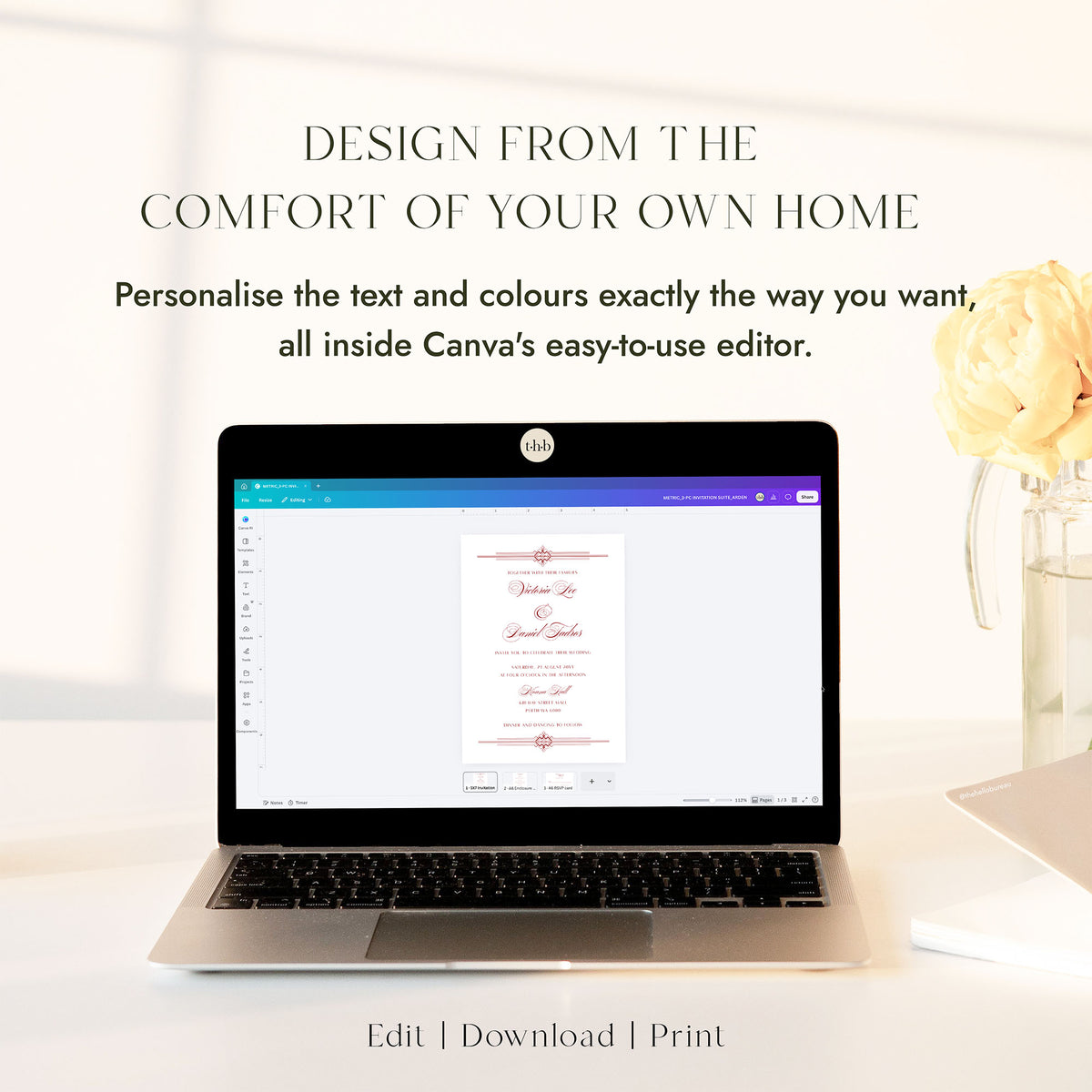 Customisable art deco wedding invitation suite shown open in Canva across all three pages on a laptop