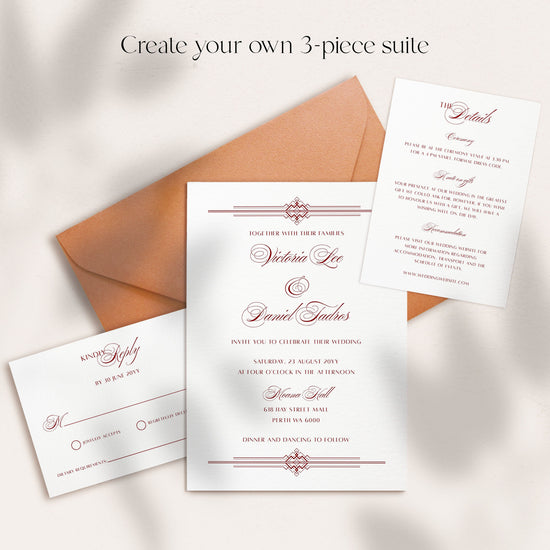 Personalised old money 3-piece wedding invitation suite in classic red, with terracotta envelope and RSVP card