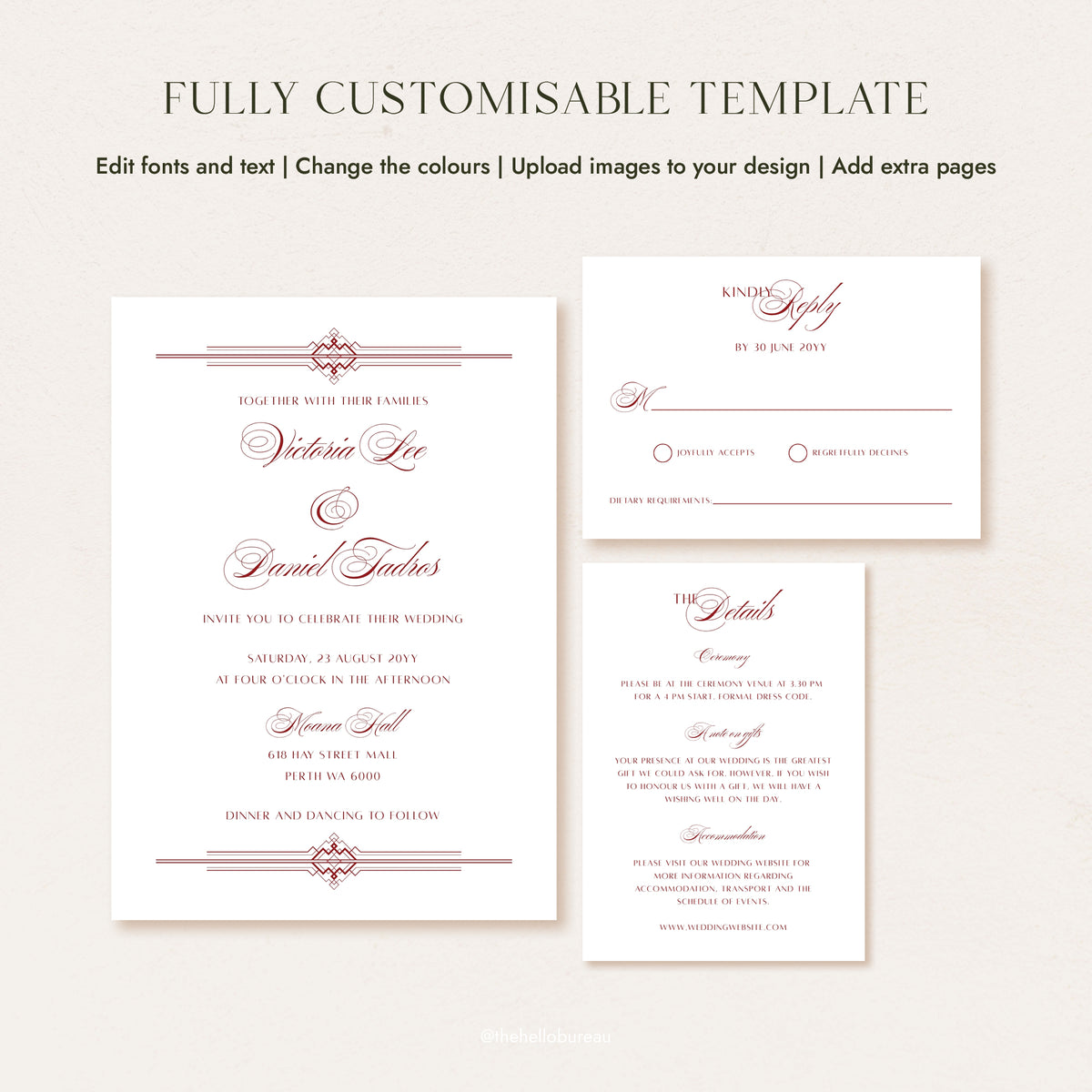 DIY art deco wedding invitation template showing the full customisable old money suite layout