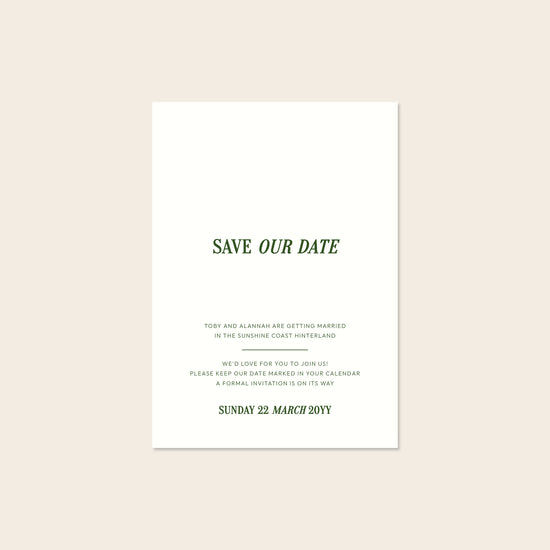 Wedding save the date card template design on a beige background.