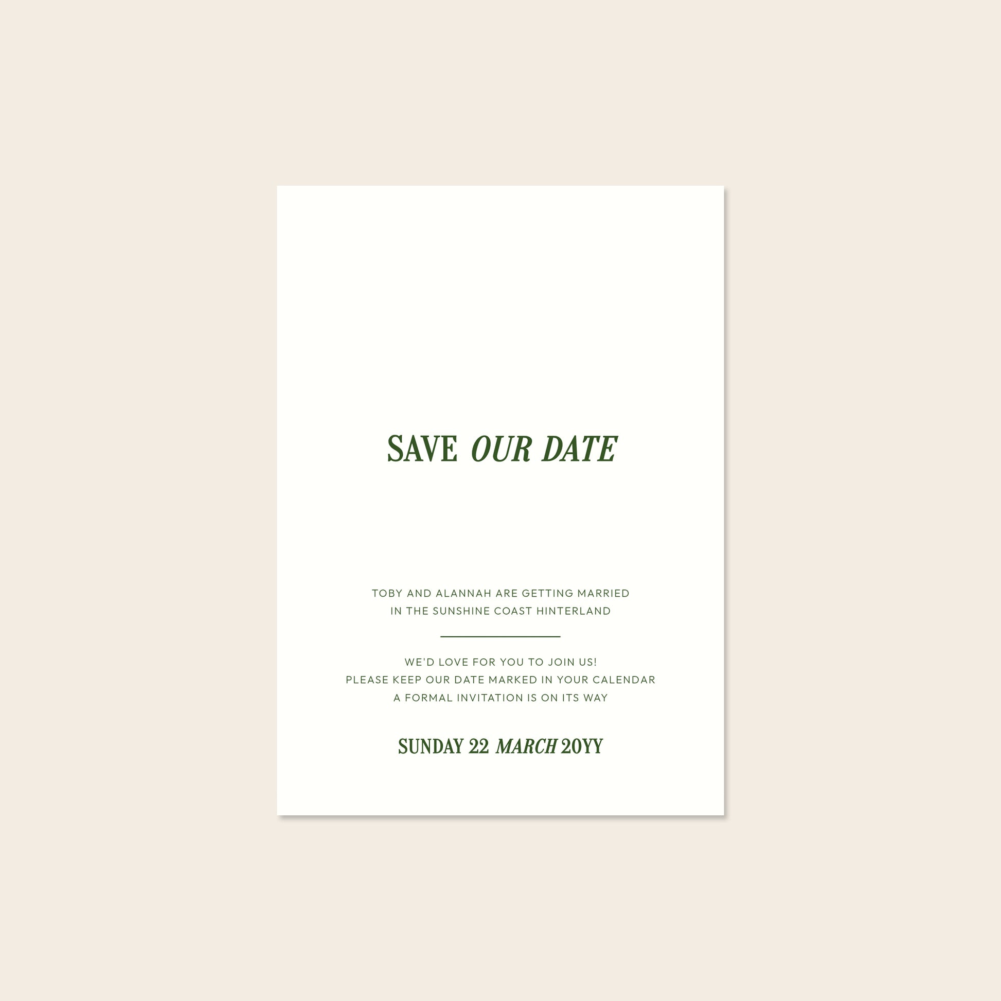 Wedding save the date card template design on a beige background.