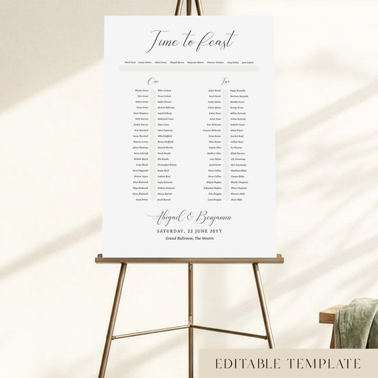 Bellamy two long tables wedding seating chart template with an elegant 'Time to Feast' calligraphy heading, displayed on a bronze easel, editable in Canva.