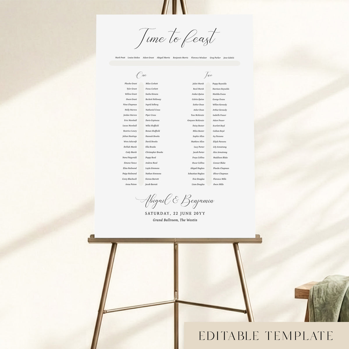Bellamy two long tables wedding seating chart template with an elegant 'Time to Feast' calligraphy heading, displayed on a bronze easel, editable in Canva.
