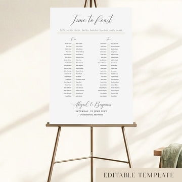 Bellamy two long tables wedding seating chart template with an elegant 'Time to Feast' calligraphy heading, displayed on a bronze easel, editable in Canva.