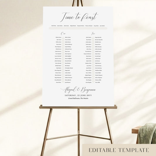 Bellamy two long tables wedding seating chart template with an elegant 'Time to Feast' calligraphy heading, displayed on a bronze easel, editable in Canva.