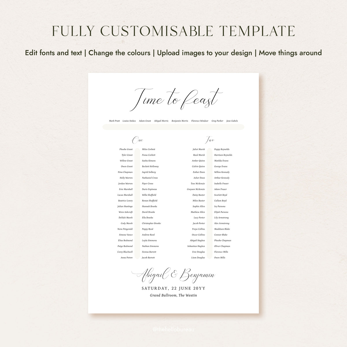 Fully customisable elegant seating chart template for two long tables, featuring a top table listing and romantic calligraphy heading.