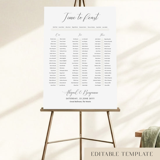Classic three long tables wedding seating chart template with an elegant 'Time to Feast' calligraphy heading, displayed on a bronze easel, editable in Canva.