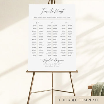 Classic three long tables wedding seating chart template with an elegant 'Time to Feast' calligraphy heading, displayed on a bronze easel, editable in Canva.