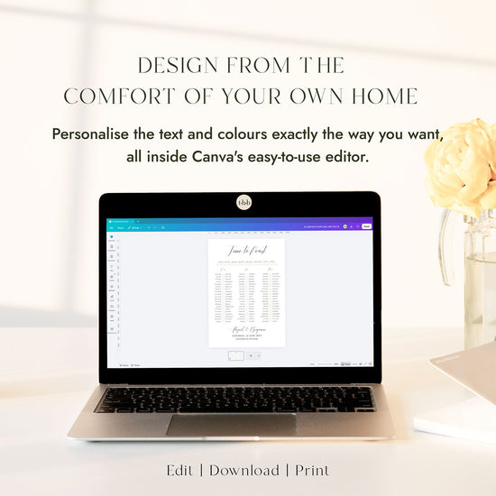 Laptop displaying the Bellamy seating chart template open in Canva, ready to personalise the top table and three banquet table listings.