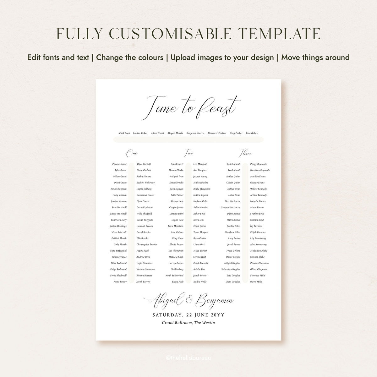 Fully customisable Bellamy seating chart template for three long tables, featuring a top table listing and elegant calligraphy heading.