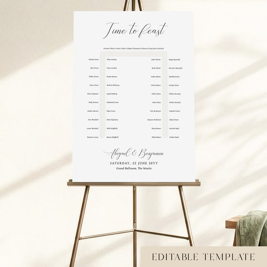 Elegant 50-guest U-shape wedding seating chart template with a 'Time to Feast' calligraphy heading, displayed on a bronze easel, fully editable in Canva.