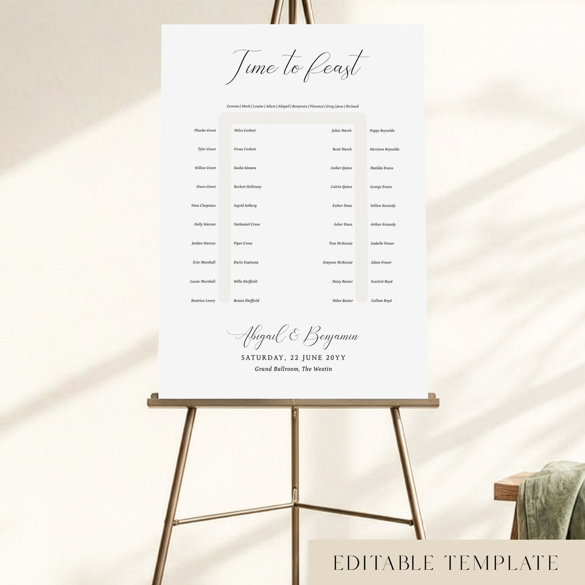 Elegant 50-guest U-shape wedding seating chart template with a 'Time to Feast' calligraphy heading, displayed on a bronze easel, fully editable in Canva.