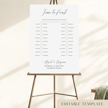 Elegant 50-guest U-shape wedding seating chart template with a 'Time to Feast' calligraphy heading, displayed on a bronze easel, fully editable in Canva.