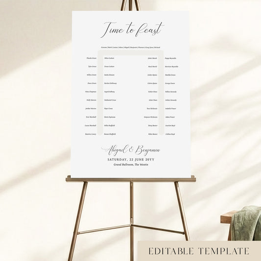 Elegant 50-guest U-shape wedding seating chart template with a 'Time to Feast' calligraphy heading, displayed on a bronze easel, fully editable in Canva.