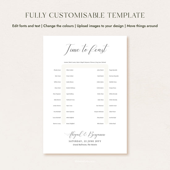 Fully customisable Bellamy horseshoe wedding seating chart template for 50 guests, featuring an elegant script 'Time to Feast' heading.