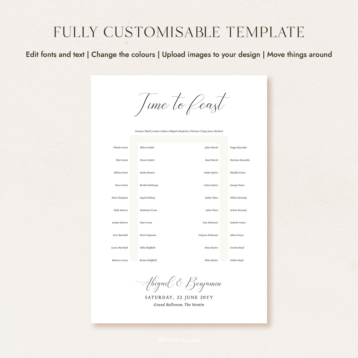 Fully customisable Bellamy horseshoe wedding seating chart template for 50 guests, featuring an elegant script 'Time to Feast' heading.