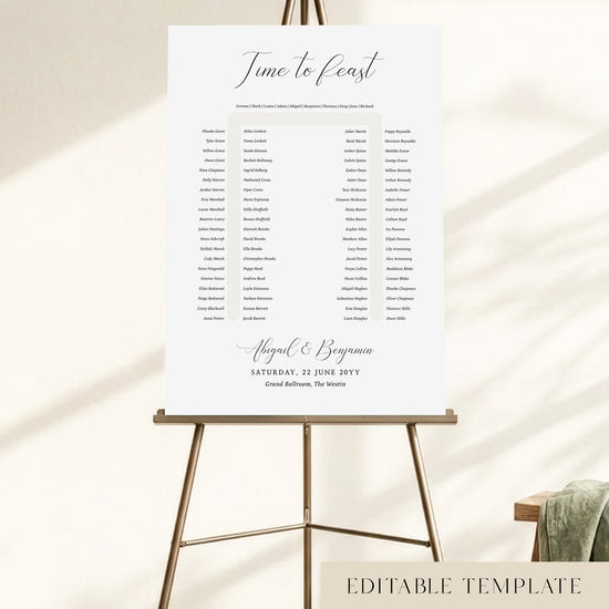 Elegant 90-guest U-shape wedding seating chart template with a 'Time to Feast' calligraphy heading, displayed on a bronze easel, fully editable in Canva.