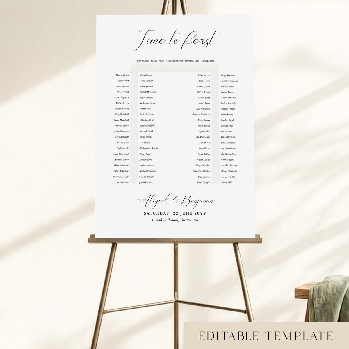 Elegant 90-guest U-shape wedding seating chart template with a 'Time to Feast' calligraphy heading, displayed on a bronze easel, fully editable in Canva.