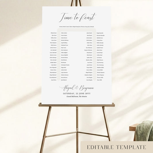 Elegant 90-guest U-shape wedding seating chart template with a 'Time to Feast' calligraphy heading, displayed on a bronze easel, fully editable in Canva.