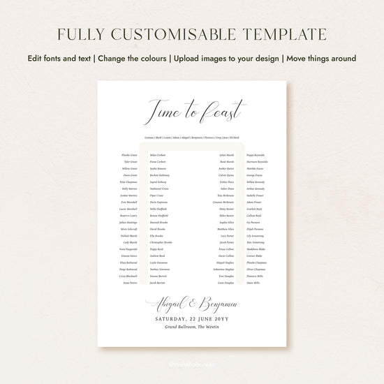 Fully customisable Bellamy horseshoe wedding seating chart template for 90 guests, featuring an elegant script 'Time to Feast' heading.
