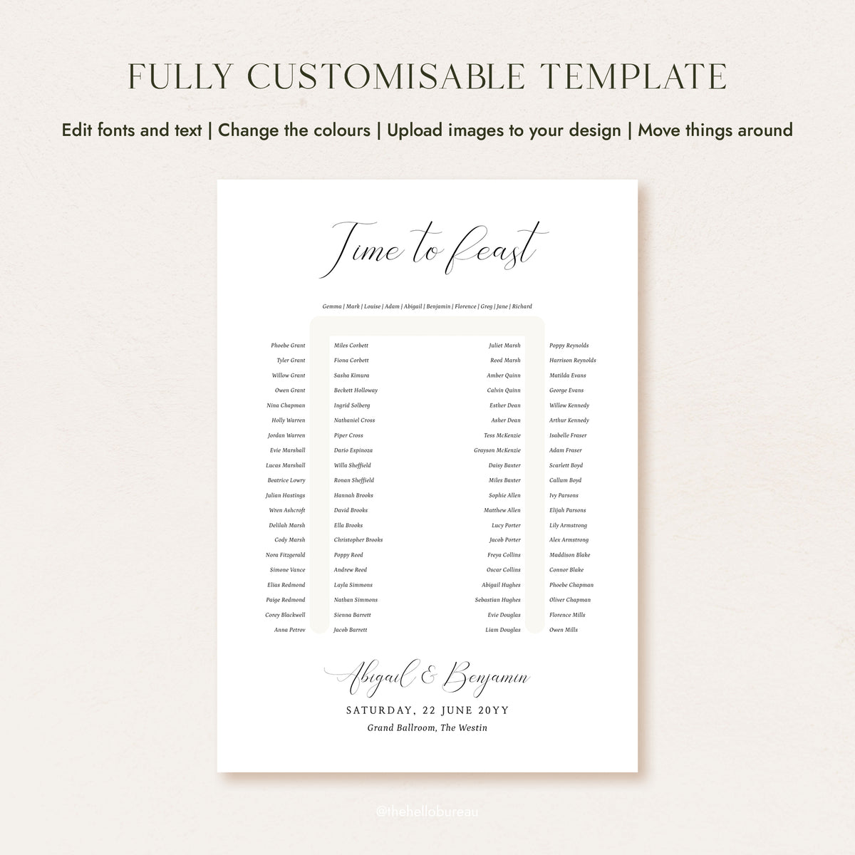 Fully customisable Bellamy horseshoe wedding seating chart template for 90 guests, featuring an elegant script 'Time to Feast' heading.