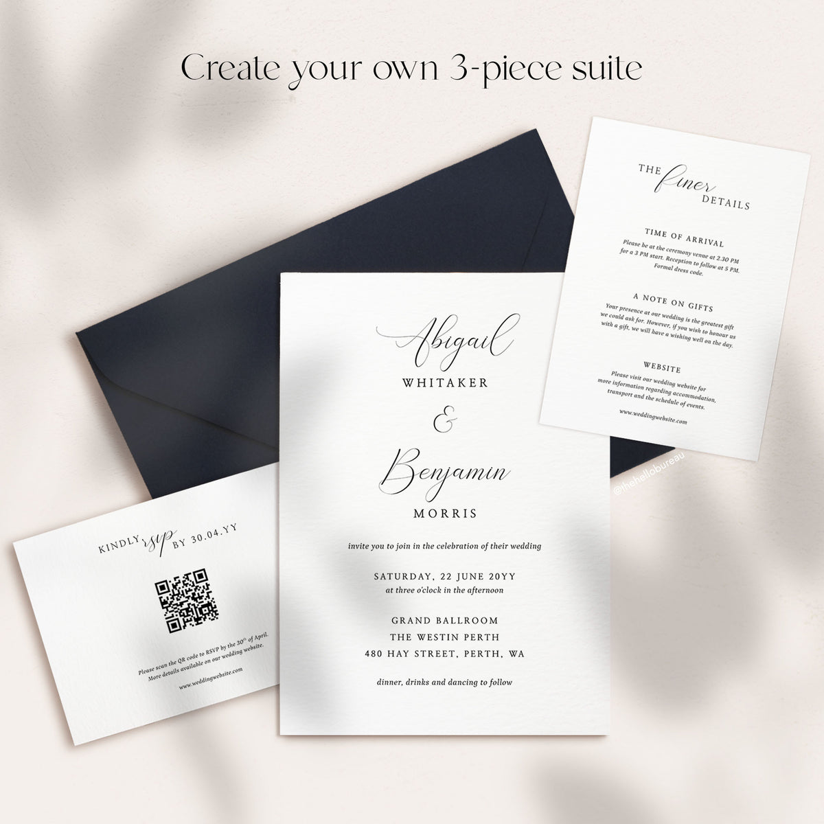 Personalised 3-piece romantic calligraphy invitation suite with black envelope and RSVP card