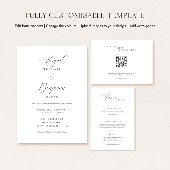 DIY elegant and romantic wedding invitation template showing the full customisable suite layout including RSVP card with QR code