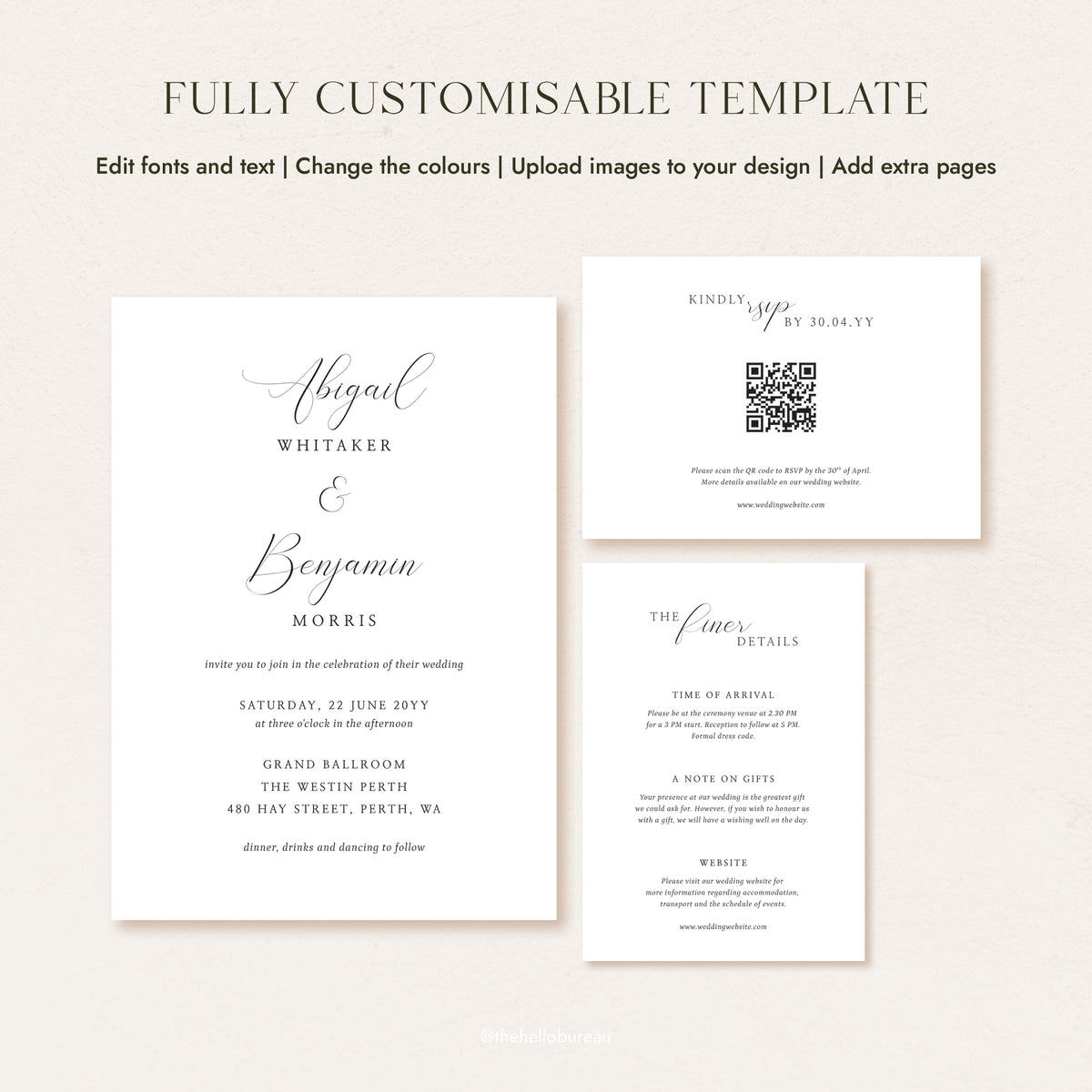 DIY elegant and romantic wedding invitation template showing the full customisable suite layout including RSVP card with QR code