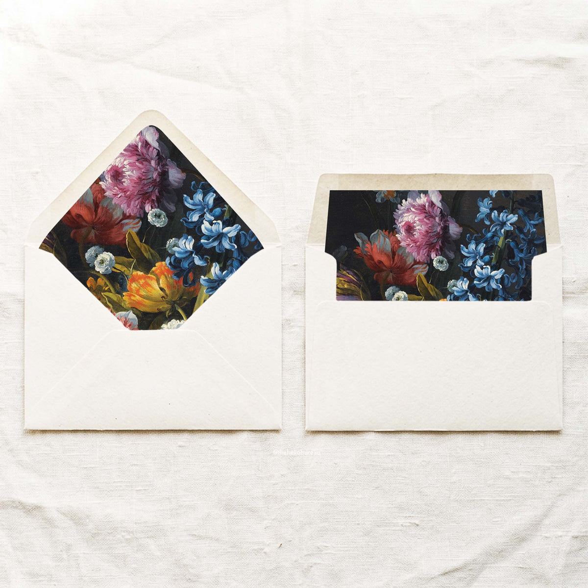 DIY fine art blue hyacinth envelope liners in a euro flap and a straight flap, with a dark floral painting by Jean-Baptiste Monnoyer in cobalt blue, magenta, coral and marigold for 5x7 wedding invitations.