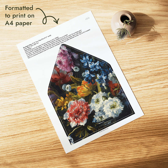 Vintage dark florals wedding envelope liner PDF formatted to print on A4 paper, with an antique painting of tulips, hyacinths and white blooms in a glass vase, plus trim lines for a 5x7 euro flap envelope.