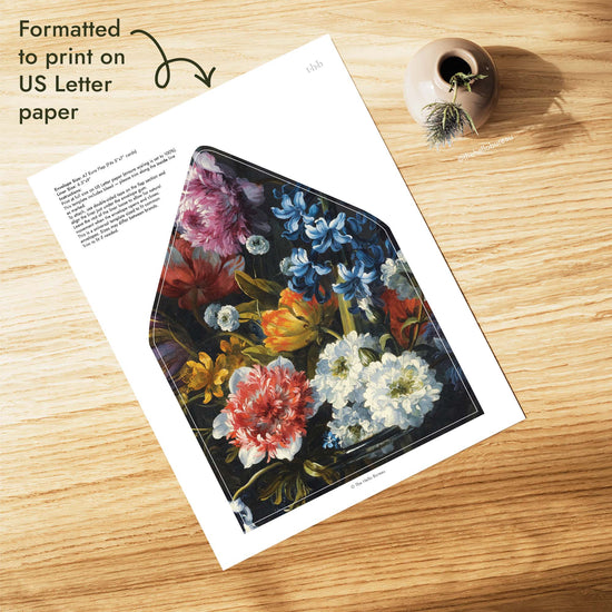 Printable still life envelope liner formatted for US Letter paper, sized for an A7 euro flap envelope that fits 5x7 wedding invitations, with rich florals in navy, crimson, ivory and gold, DIY and ready to print at home.