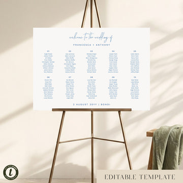 Bondi 10-Table Wedding Seating Chart Template (Landscape) (US)
