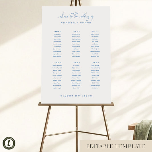 Bondi 6-Table Wedding Seating Chart Template