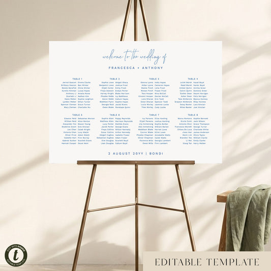 Bondi 8-Table Long Tables Wedding Seating Chart Template (Landscape)