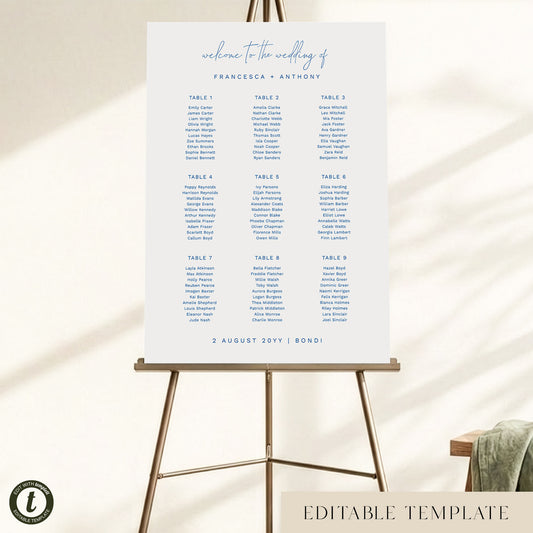 Bondi 9-Table Wedding Seating Chart Template