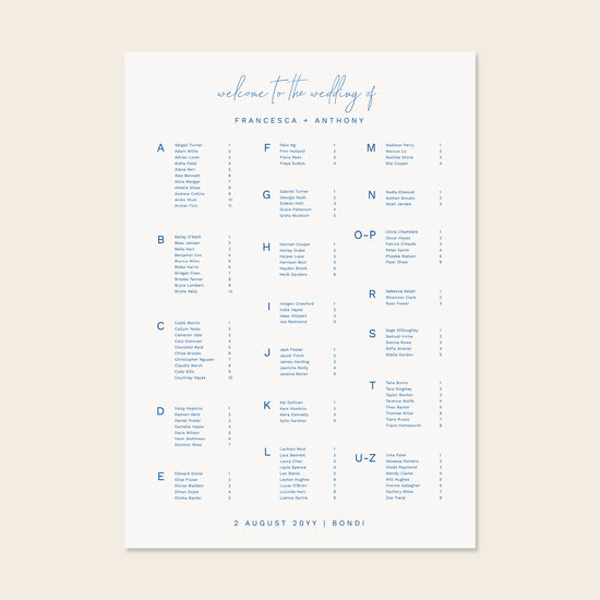 Wedding alphabetical table seating plan template design on a beige background.