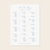 Wedding alphabetical table seating plan template design on a beige background.