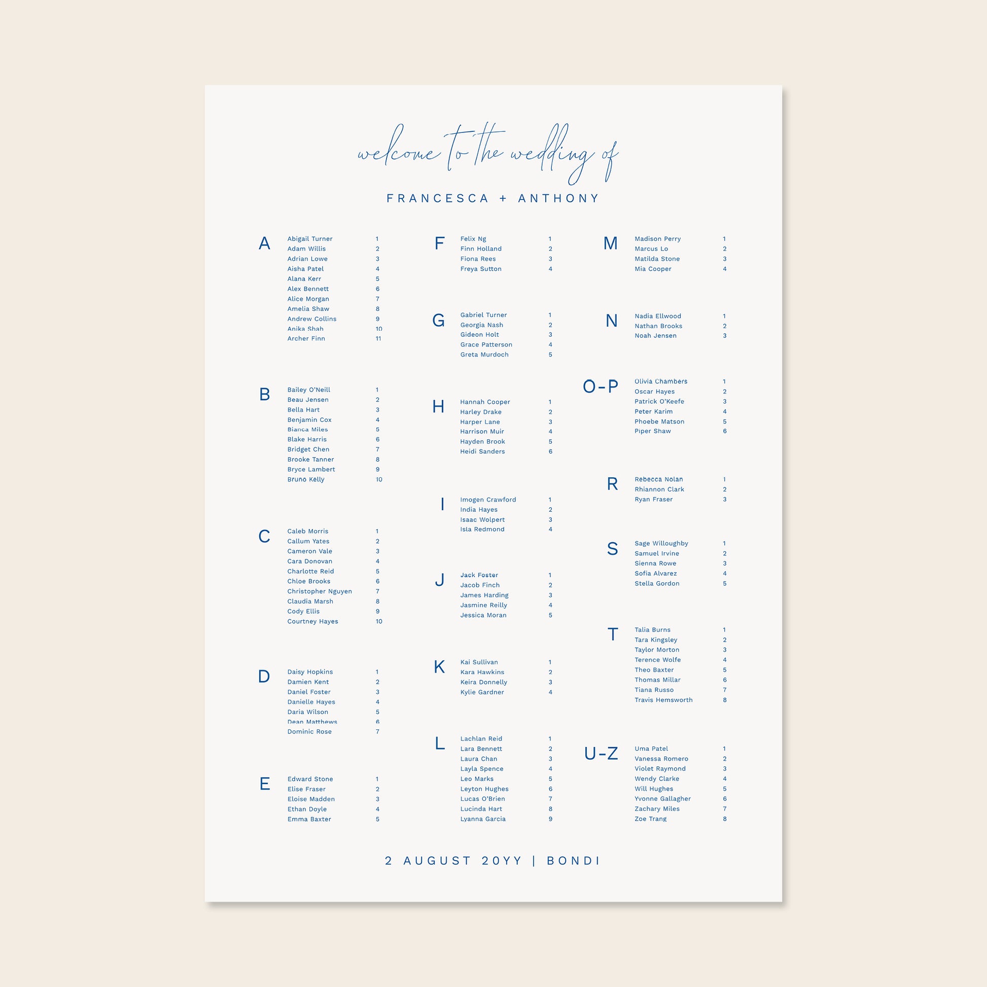Wedding alphabetical table seating plan template design on a beige background.