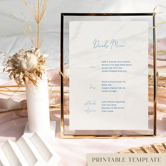 Framed bar menu template with decorative floral elements in a light table setting.