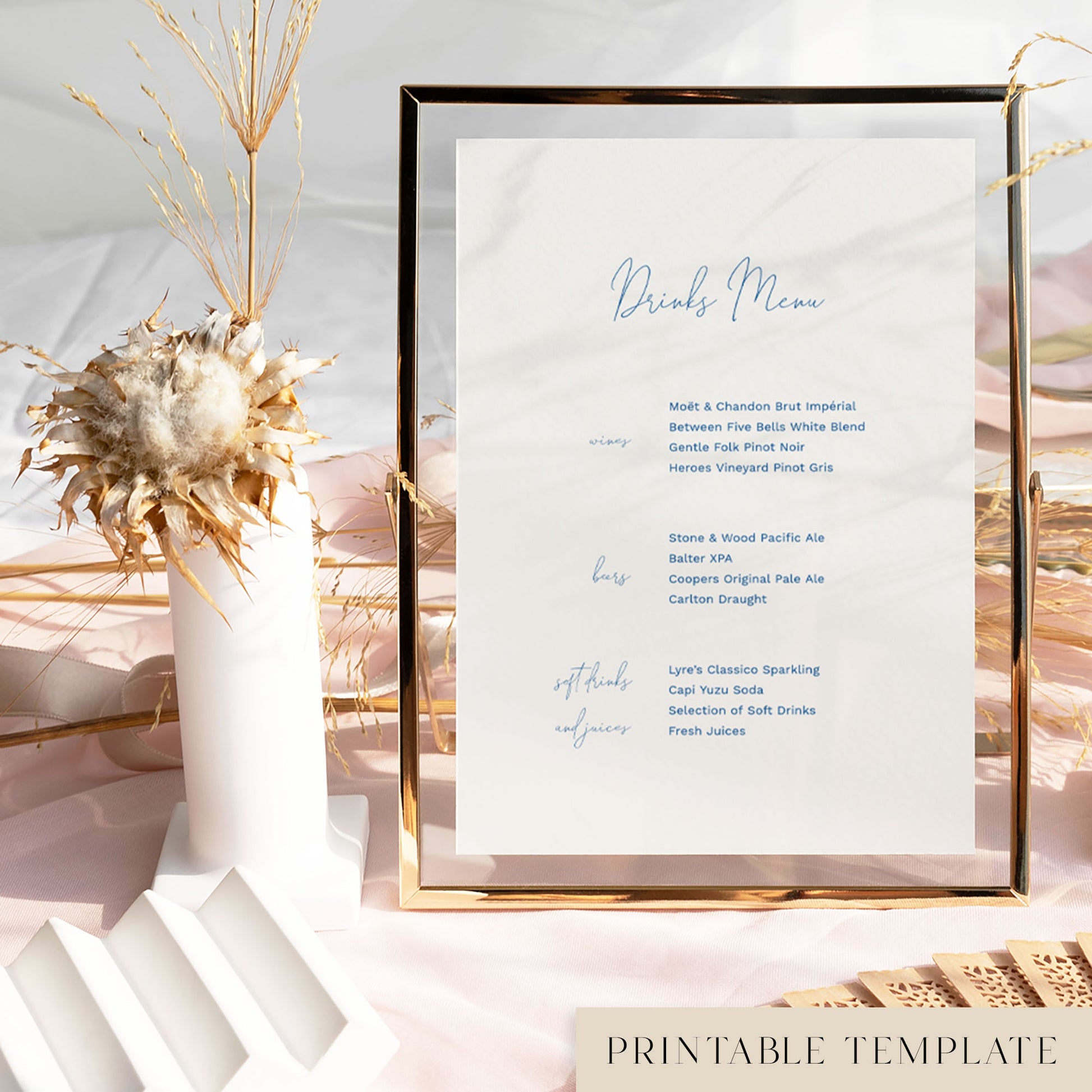 Framed bar menu template with decorative floral elements in a light table setting.