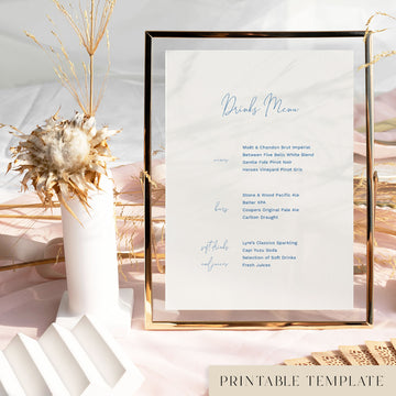 Framed bar menu template with decorative floral elements in a light table setting.