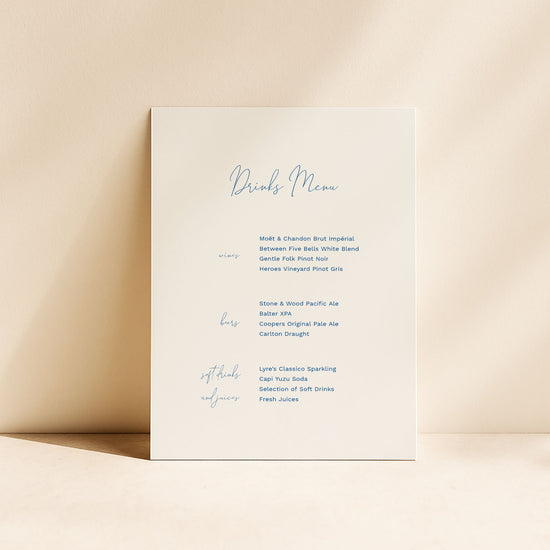 Wedding bar menu card template design on a beige background.