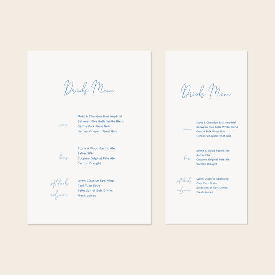 Two wedding bar menu templates, one tall and one wide, displayed on a beige background.