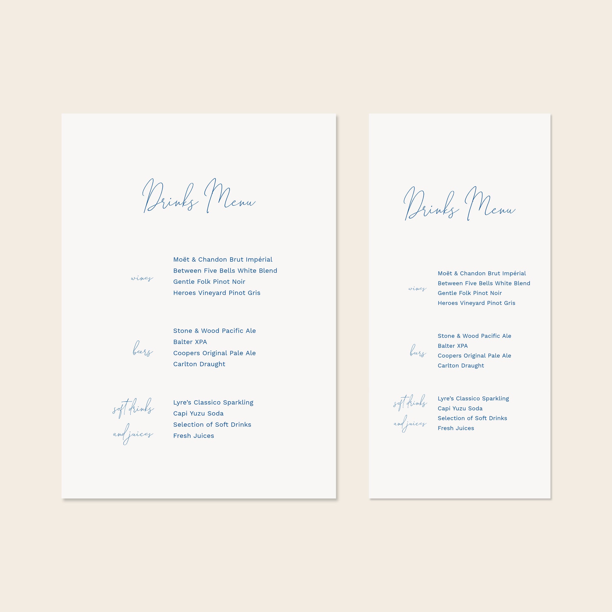 Two wedding bar menu templates, one tall and one wide, displayed on a beige background.