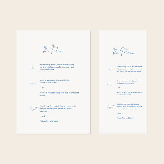 Two wedding menu templates, one tall and one wide, displayed on a beige background.