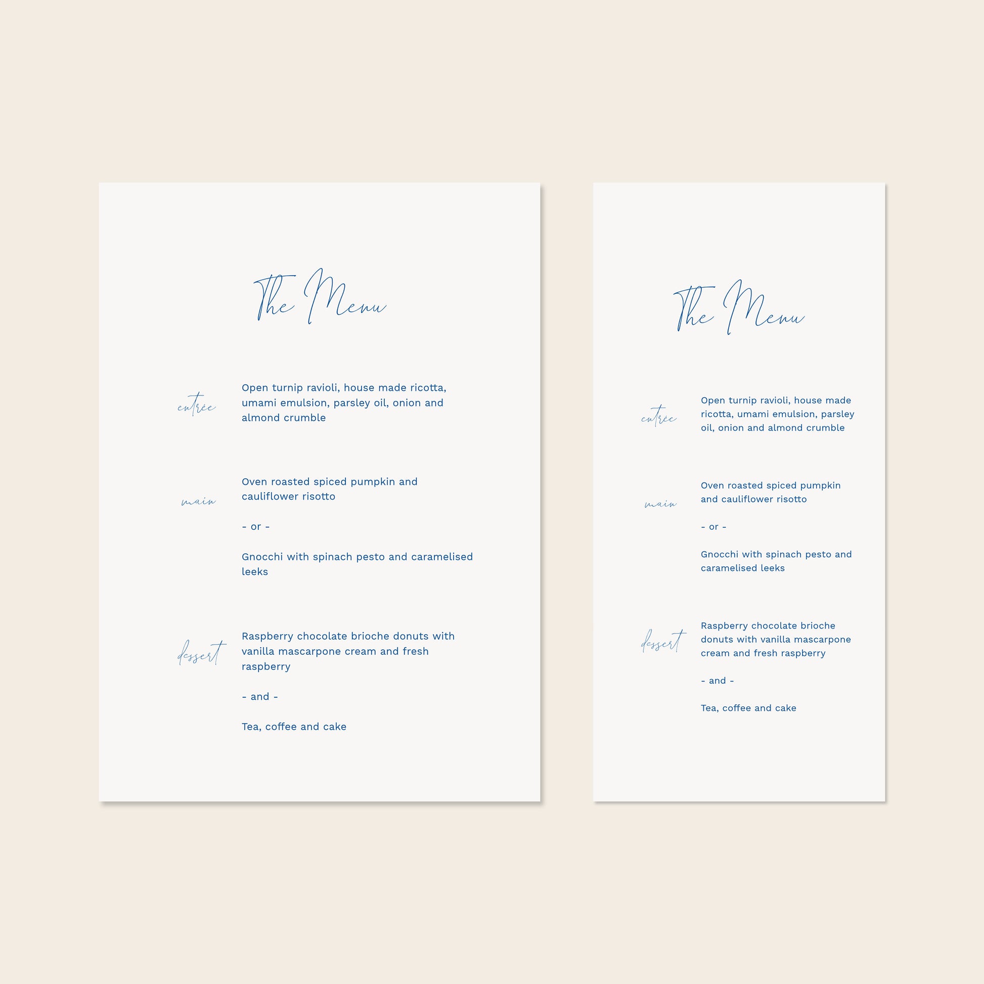 Two wedding menu templates, one tall and one wide, displayed on a beige background.